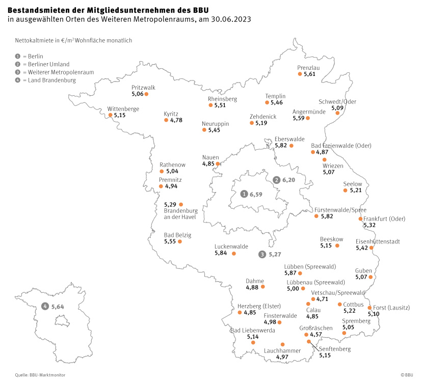Bestandsmieten der Mitgliedsunternehmen des BBU in ausgewählten Orten des Weiteren Metropolenraums am 30.06.2023
