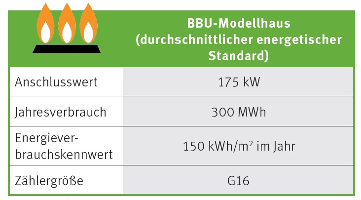 BBU-Modellhaus, Annahmen für den Erdgasanschluss und -Verbrauch