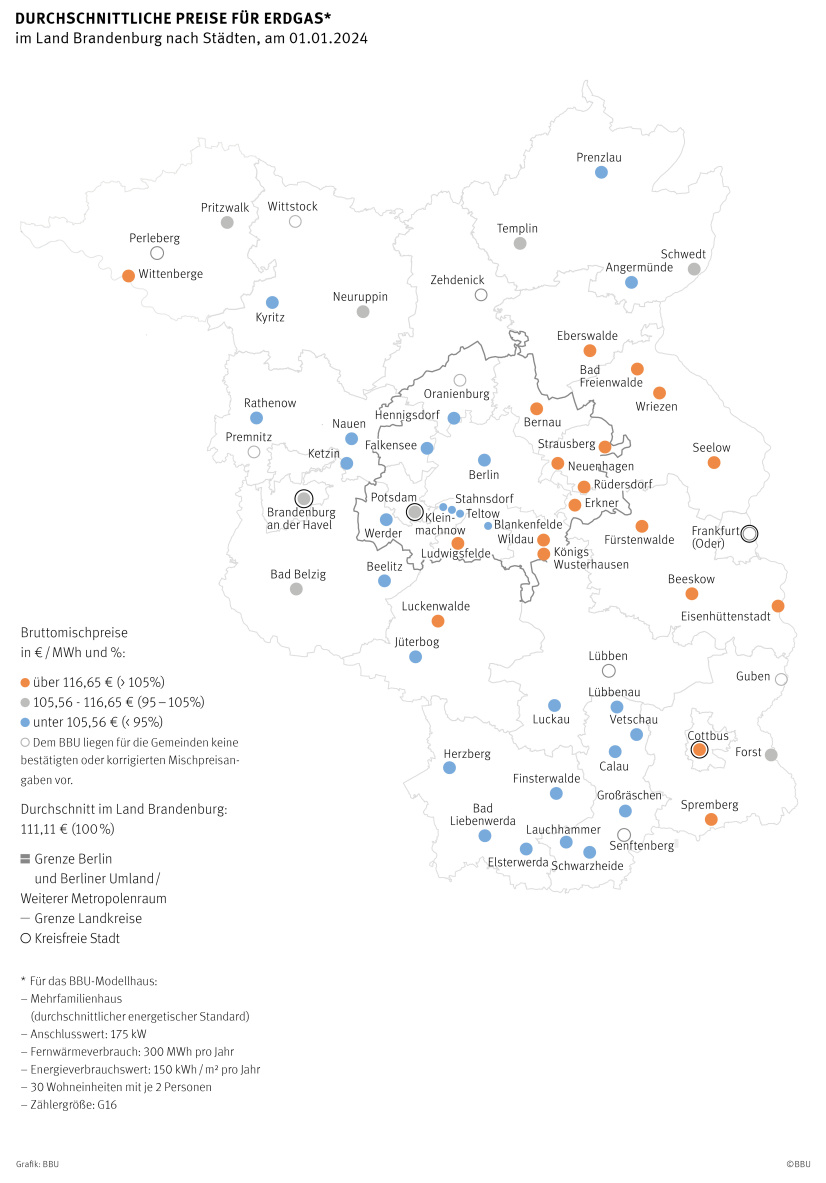 Karte der durchschnittlichen Mischpreise für Erdgas in Berlin und im Land Brandenburg, Stichtag: 01.01.2024