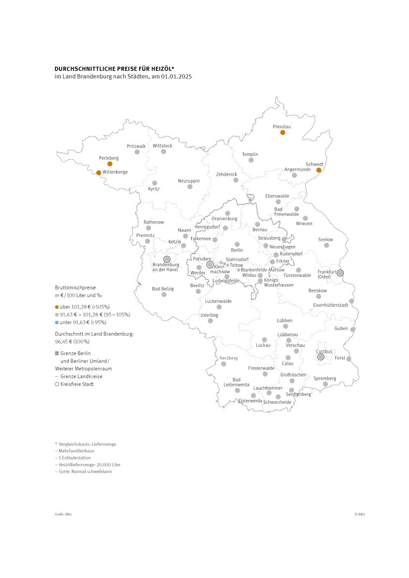 Preisspiegel 2025, Karte der Preise für Heizöl BB, BE